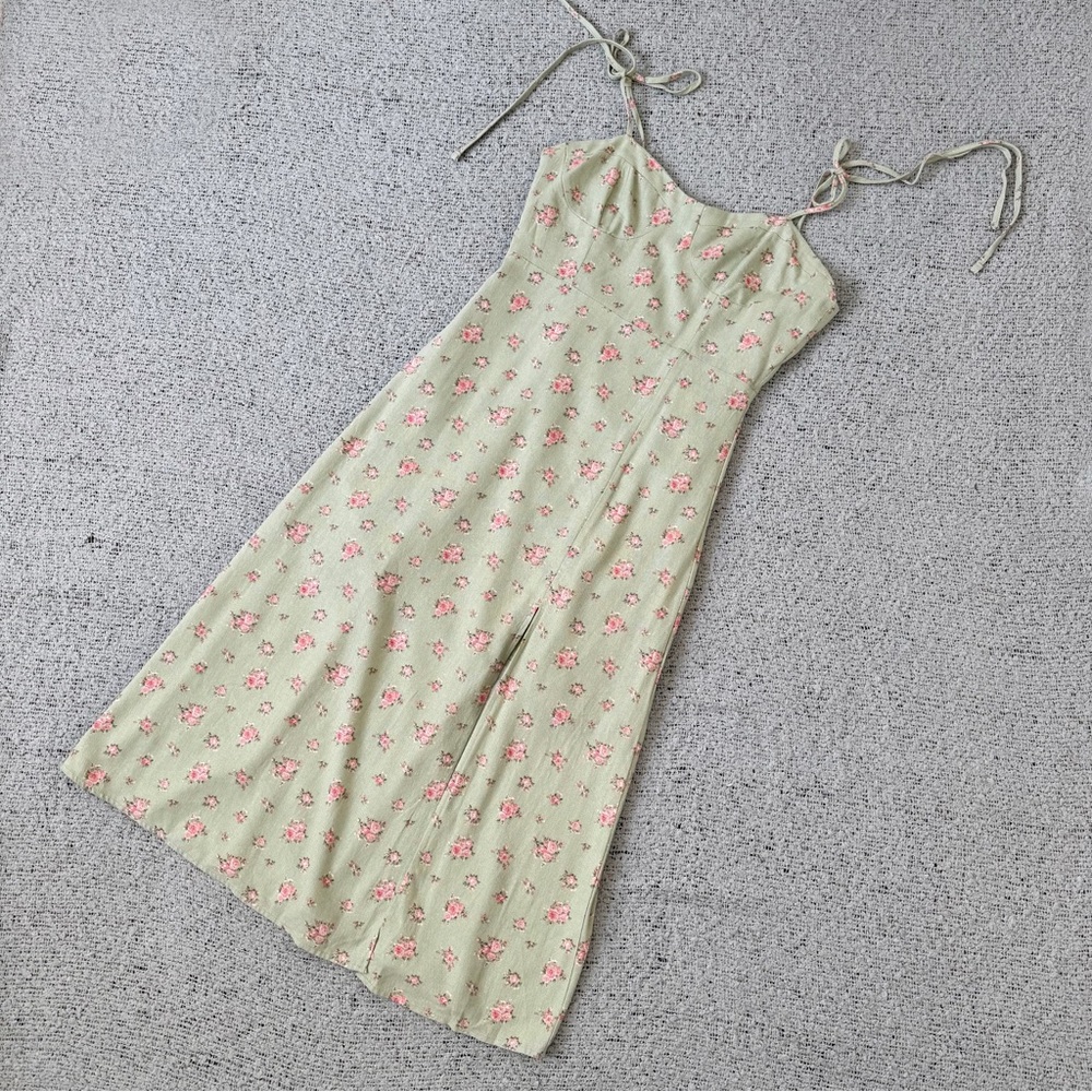 Forever 21 Light Green Floral Midi Dress Linen Blend S